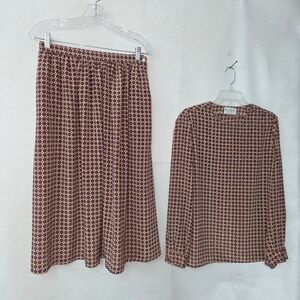 Russ Skirt Set Women 12 Tan Red Geometric Floral Medallion 2pc Vintage 80s USA